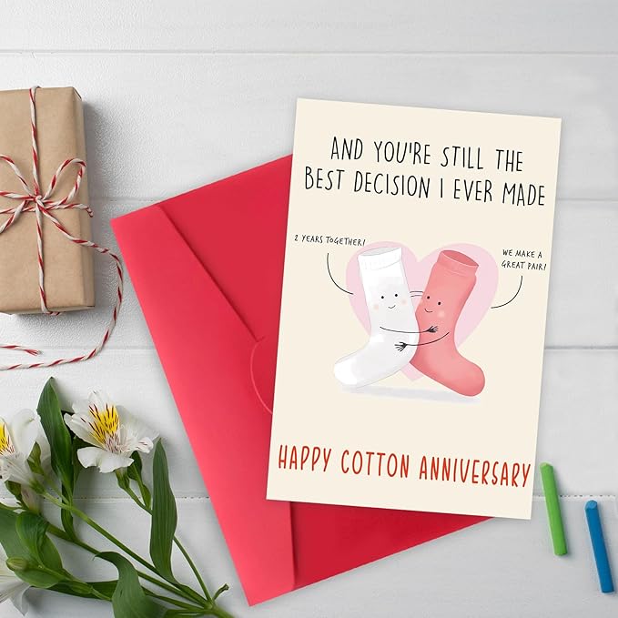 Happy 2nd for Him & Her, Funny 2nd Wedding Card for Women & Men, Cotton Anniversary Greeting Cards for Husband & Wife, Cute 2 Year Anniversary Decorations