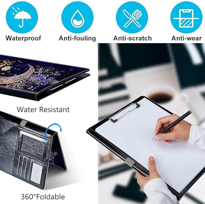 PU Leather Padfolio Folder Clipboard Portfolios Organizer Conference Document Organizer with Business Card Holder Storage Clipboard Writing Pad,Moon Star Galaxy Floral