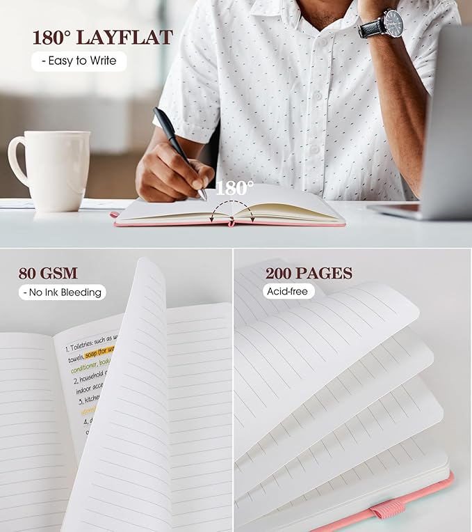 Lined Journal Notebook for Women, A5 Pink Hardcover Leather Journals for Writing, 200 Pages Thick Travel Daily Journal, College Ruled Notebook for Work School, Note Taking, Business 5.75'' X 8.38''