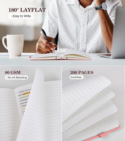 Lined Journal Notebook for Women, A5 Pink Hardcover Leather Journals for Writing, 200 Pages Thick Travel Daily Journal, College Ruled Notebook for Work School, Note Taking, Business 5.75'' X 8.38''