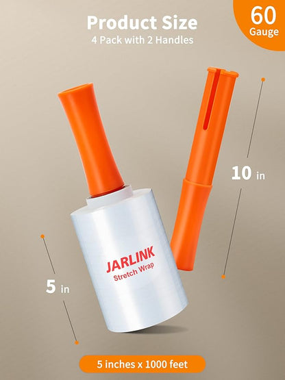 JARLINK 4 Pack Plastic Film Roll with Plastic Handles, 60 Gauge Thick, 5" x 1000ft Plastic Pallet Film, Industrial Strength Stretch up to 500% Stretch for Moving, Packing, Wrapping, and Shipping