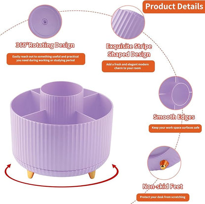 Desk Pencil Pen Holder, 5 Slots 360°Degree Rotating Pencil Pen Organizers for Desk, Desktop Storage Stationery Supplies Organizer, Cute Pencil Cup Pot for Office, School, Home, Art Supply, Purple