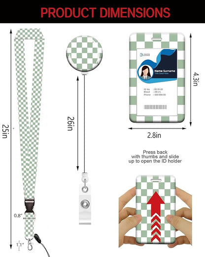 ID Badge Holder with Retractable Lanyard and Keychain, Badge Reel with Rotate Carabiner Clip,Sage Green Checkered Card Name Tag Lanyard ID Protector Bage Clips for Student, Women, Office