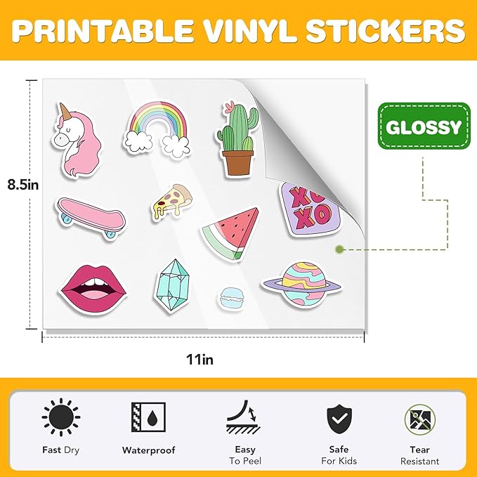 20 PCS Sticker Paper for Inkjet Printer，Printable Vinyl Sticker Paper Dries Quickly Vivid Colors，8.5"x11" Tear Resistant Printable Vinyl，Glossy White,Inkjet & Laser Printer