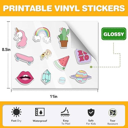 20 PCS Sticker Paper for Inkjet Printer，Printable Vinyl Sticker Paper Dries Quickly Vivid Colors，8.5"x11" Tear Resistant Printable Vinyl，Glossy White,Inkjet & Laser Printer