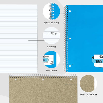 1 Subject Notebook Wide Ruled, 6 Pack, 70 Sheets (140 Pages), 8 x 10-1/2, 3 Hole Punched Notebooks, Thick No-Bleed Paper, Sturdy Back, Wide Ruled Notebook for School & Office, Assorted Colors
