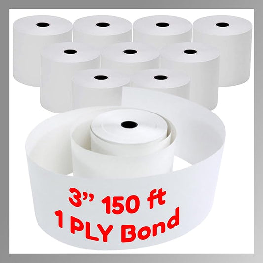 3" x 150' 1 Ply Bond 10 Rolls White Paper Kitchen Receipt POS System Cash Register Compatible with Clover Epson SNBC Star Sam4s Ellix Bixolon Impact Printers SP700 ERC30 34 38 (10 Rolls)