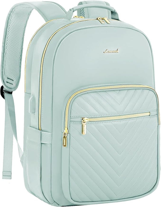 LOVEVOOK Leather Backpack for Women,15.6 inch Leather Laptop Backpack Women Computer Backpack Laptop Bag,Stylish Quilted Travel Backpack Purse Work College Teacher Backpack with USB Port,Powder Blue