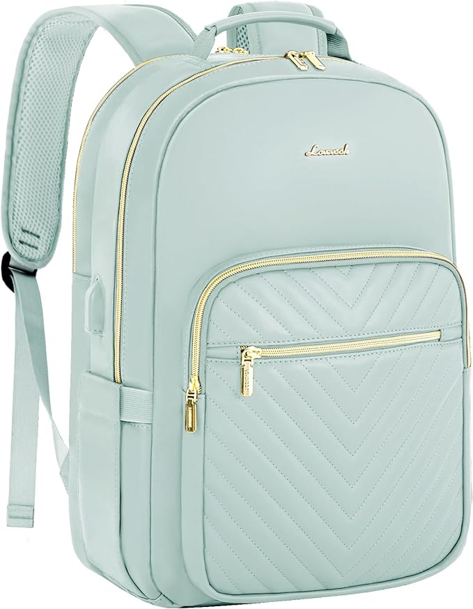 LOVEVOOK Leather Backpack for Women,17.3 inch Leather Laptop Backpack Women Computer Backpack Laptop Bag,Stylish Quilted Travel Backpack Purse Work College Teacher Backpack with USB Port,Powder Blue