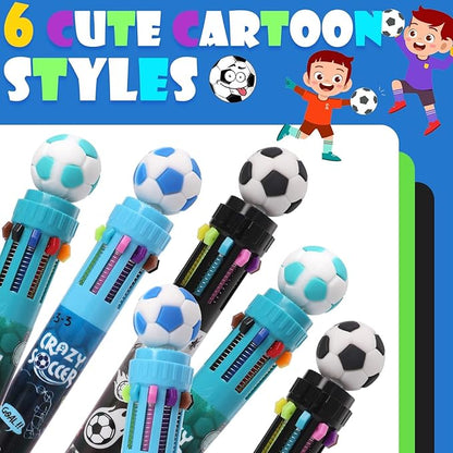 Multicolor Ballpoint Pen 0.7 mm, 10-in-1 Colored Pens Fine Point Retractable World Cup Soccer Ballpoint Pens for Office School Students Kids Christmas Gift, 6 Pack