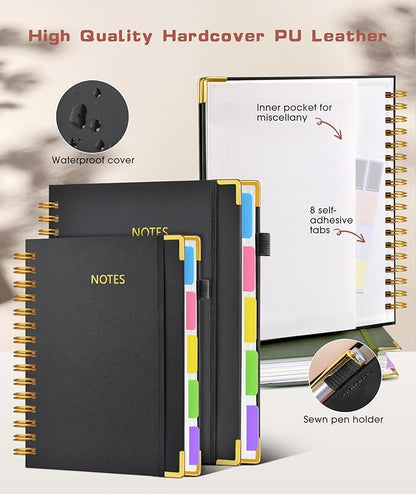Hardcover Spiral Notebook journal with Removable Dividers Tabs, 300 Pages Leather 5 Subject Notebook College Ruled, 100GMS A5 Notebooks for Work School Note taking,Lined Journal for Women,A5-Black
