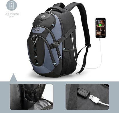 Swissdigital Design Large Business Laptop Backpack with Smart USB Charging Port Travel Backpack Fits 15.6 inches laptops (VECTOR SD803-16 Haze Blue/Black) One Nation One World