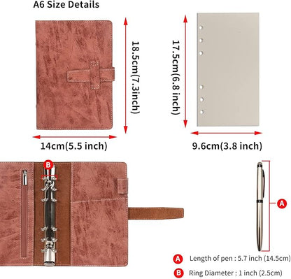 Wonderpool Leather Journal Refillable Binder A6 Writing Notebook Folder Organiser with Dotted Paper & Multi Pockets Cover for Business School Travel (A6, Coffee)