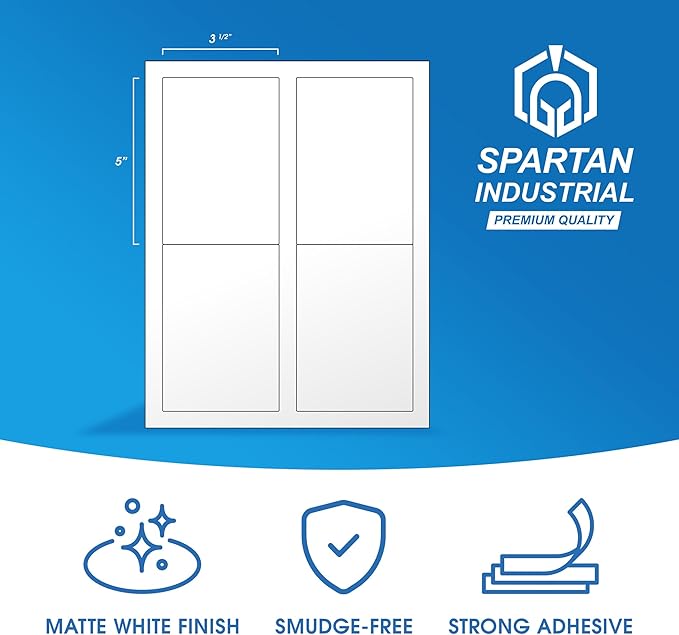 3 1/2" X 5" Matte White Printable Labels Compatible with Inkjet and Laser Printers - 250 Sheets, 1000 Stickers for Shipping, Mailing, and Organization - Spartan Industrial