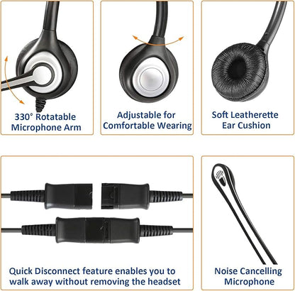 Wantek Wired Telephone Headset Dual Ear with 2.5mm Jack, Noise Cancelling Mic, Quick Disconnect, Work for Cordless Phones AT&T ML17929 TL86103 Panasonic KX-DT543 KX-T7730 Vtech RCA Cisco (602QJ25)