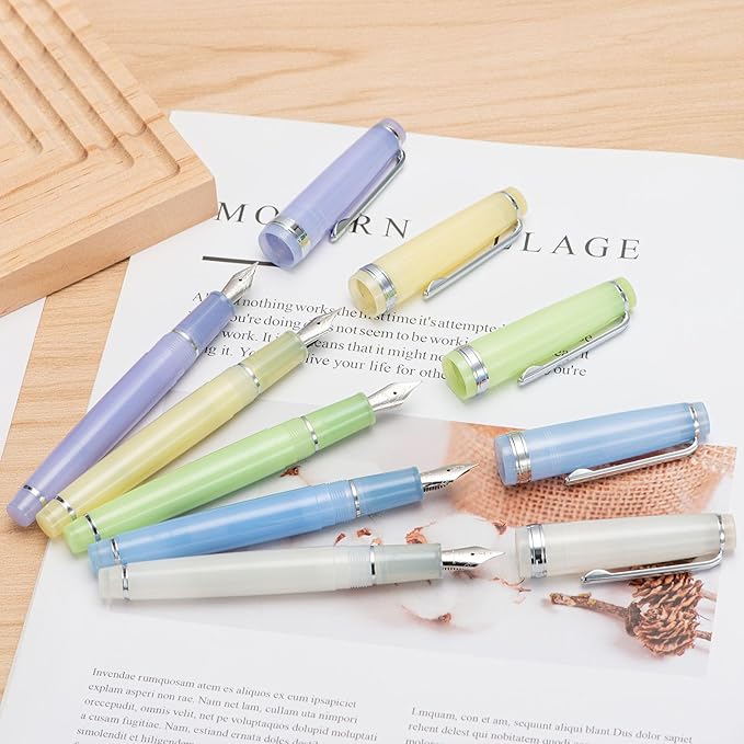 Jinhao 82 Acrylic Fountain Pen, Iridium Bent Nib with Ink Converter, Transparent Light Blue Classic Design Smooth Writing Pen (Silver Trim)