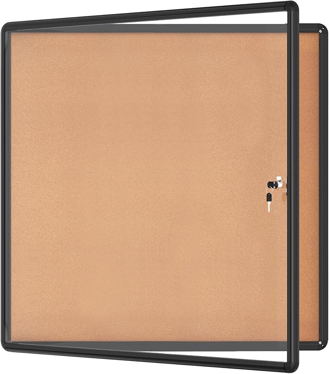 38"x38" Enclosed Bulletin Board, Lockable Weather-Resistant Aluminum Cork Noticeboard for School & Office, Black Frame w/Cork