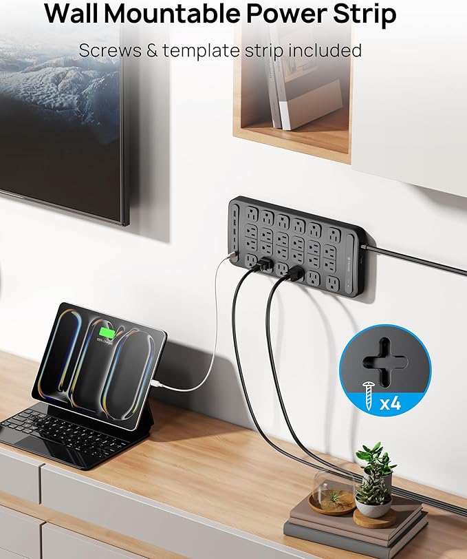 TROND Surge Protector Power Strip, 360° Rotating Flat Plug, 24 AC Outlets, 6 USB Ports Total 37W, 4000 Joules, ETL Listed, 15ft Heavy Duty Extension Cord 1875W for Gaming Dorm Room Essentials Black