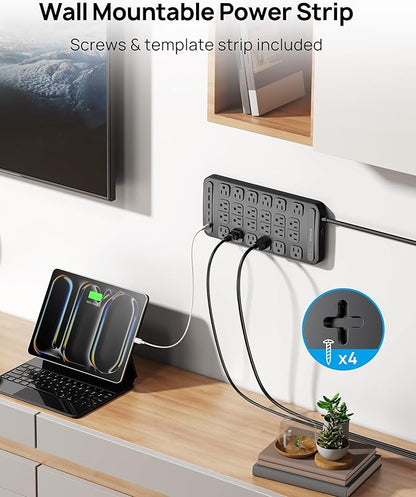 TROND Surge Protector Power Strip, 360° Rotating Flat Plug, 24 AC Outlets, 6 USB Ports Total 37W, 4000 Joules, ETL Listed, 15ft Heavy Duty Extension Cord 1875W for Gaming Dorm Room Essentials Black