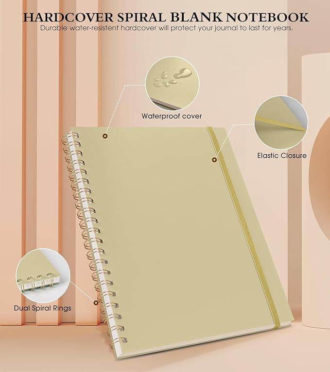 Blank Spiral Notebook Journal 8.5” x 11”, A4 Large Sketch Book for Women Men, 100 GSM Blank Paper Drawing Notebook, Plastic Hardcover Spiral Bound Sketchbook for Sketching Work School Writing, Yellow