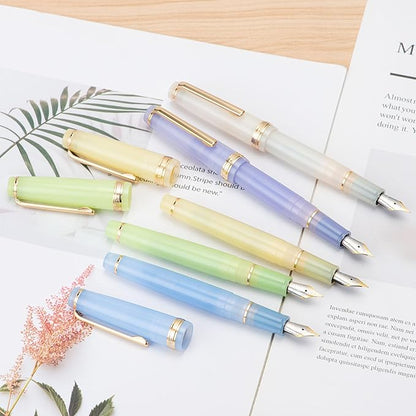 Jinhao 82 Acrylic Fountain Pen, Iridium Bent Nib with Ink Converter, Transparent Light Blue Classic Design Smooth Writing Pen (Gold Trim)