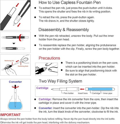 JINHAO 10 Press Fountain Pen, Retractable Metal Pen with Ink Converter (EF Nib 0.38mm, Matte Black)