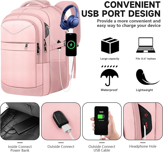 Lapsouno Business Laptop Backpack,Travel Backpack, Carry on Backpack for Women, TSA 15.6 Inch Travel Laptop Backpack with USB Port,College School Business Backpack for Women, Light Pink