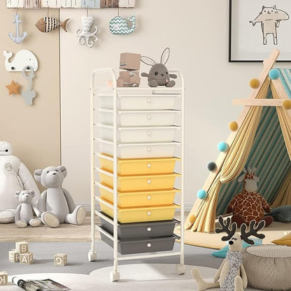 Storage Cart, Rolling Utility Cart with 10 Drawers, Portable Handles & Lockable Wheels, Mobile Paper Toys Storage Organizer Large Capacity for Home Office School Teacher (Yellow)