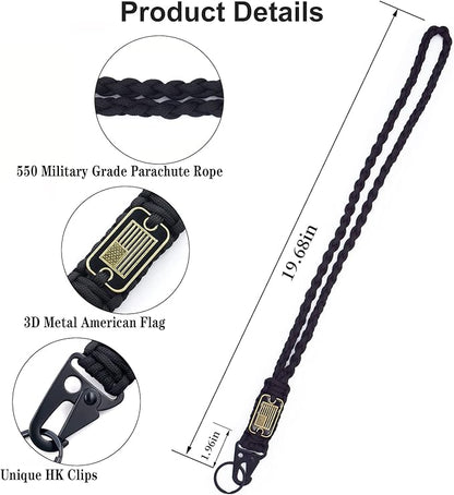 Heavy Duty Braided Paracord Lanyard Keychain with USA Flag, Parachute Rope Necklace Keychains, Braided Strong Lanyard with Metal HK Clip Key Ring for Outdoor Activities, Camera, Traveling