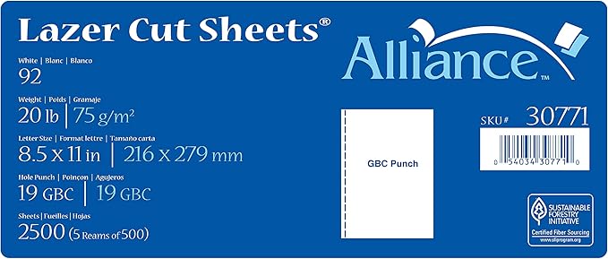 Prepunched Paper Alliance Laser Cut Sheet 19 Hole GBC 8.5 x 11 inch, 20 lb, 92 Bright, 80 Cartons, 200,000 Sheets
