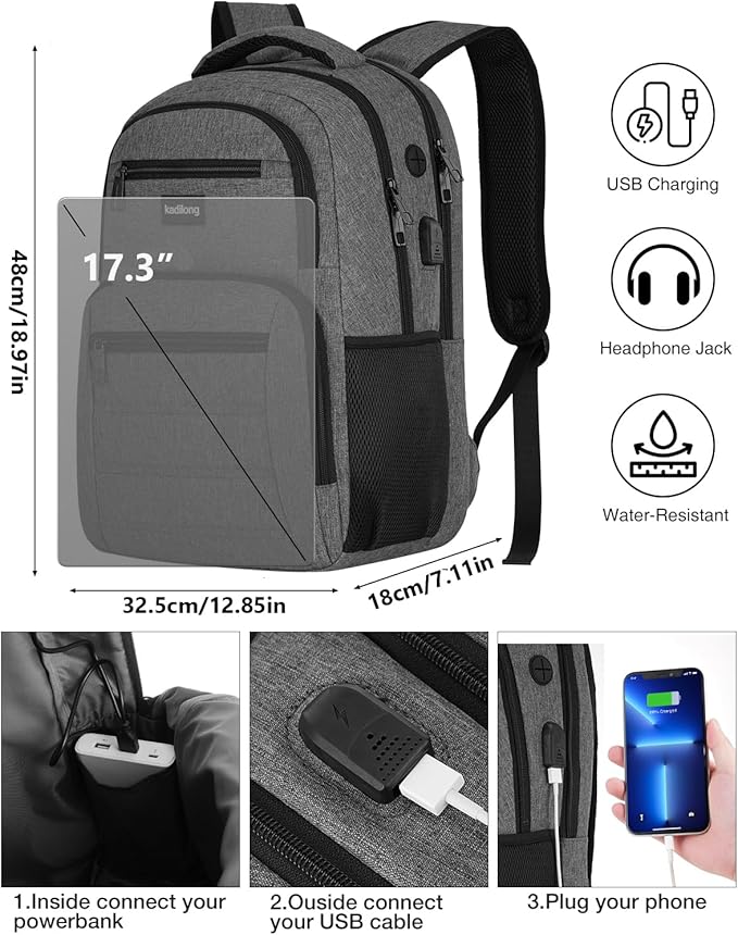 Backpacks for Men 17.3 Inch,Bagpacks School Backpack for Boys Teenager,Computer Backpack with Laptop Compartment & USB Charger,Mochilas Hombres Morrales for Workout College Middle School