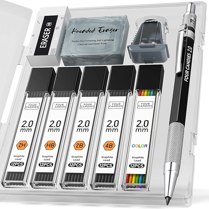 Four Candies 2MM Mechanical Pencil Set with case, Artist Lead Pencil Metal Lead Holder with 60PCS Graphite Lead Refill (HB, 2H, 2B, 4B, Color) kneaded eraser, Sharpener for Writing, Drawing, Sketching