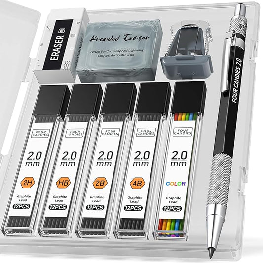 Four Candies 2MM Mechanical Pencil Set with case, Artist Lead Pencil Metal Lead Holder with 60PCS Graphite Lead Refill (HB, 2H, 2B, 4B, Color) kneaded eraser, Sharpener for Writing, Drawing, Sketching