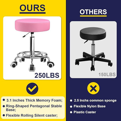 Rolling Stool, Heavy Weight Capacity 250lb, PU Leather Rolling stools, Ultra Soft Padded Seat, Rolling Stools with Wheels and Footrest, 360° Swivel, Spa Drawing Salon Work Office Tattoo Stool (pink)
