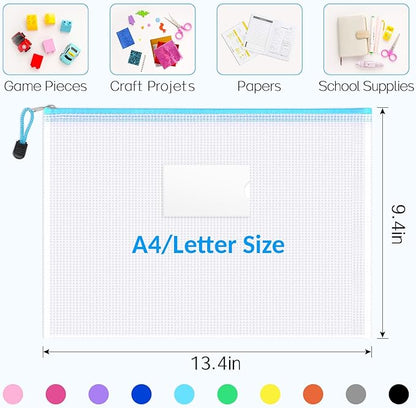 Sooez 32 Pack Mesh Zipper Pouch Bags, A4 Letter Size, Zipper Bags with Label Pocket, Waterproof Zipper Pouches for Classroom Organization, Board Game Storage, Document Bag for Office School Supplies
