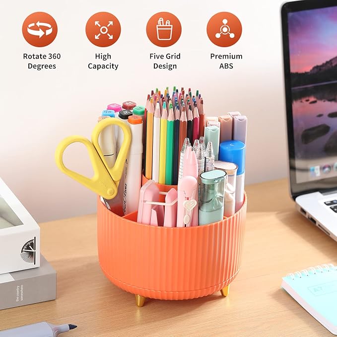 Desk Pencil Pen Holder, 5 Slots 360°Degree Rotating Pencil Pen Organizers for Desk, Desktop Storage Stationery Supplies Organizer, Cute Pencil Cup Pot for Office, School, Home, Art Supply, Orange