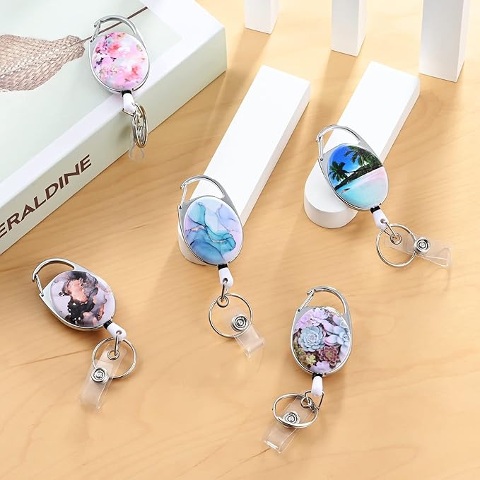 Badge Reels Retractable，Double Sided Color Print Pattern Retractable Badge Holders，with Retractable Keychain, Badge Clip and Key Ring，Durable Nylon Retractable Rope，Bohemian Leaf
