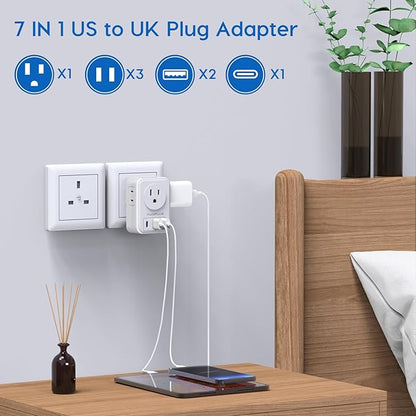US to UK Plug Adapter 2 Pack, AUOPLUS Type G Ireland Travel Adapter with 4 Electrical Outlets 3 USB Charger, International Power Adapter, Cruise Ship Essentials for USA to Scotland England British