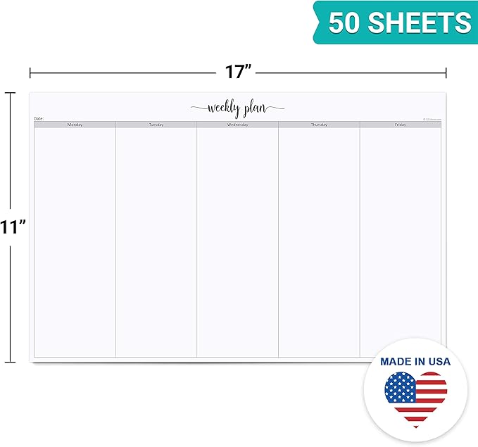 321Done Weekday Planning Notepad (11" x 17") Ledger Size Jumbo 50 Sheets for Work Week – Desk Pad - Monday through Friday M-F Planner Weekly Days of Week Paper Memo Note - Made in USA - Simple