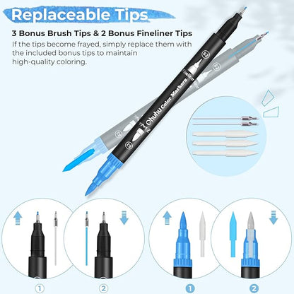 Ohuhu Markers for Adult Coloring Books: 100 Colors Brush Pens Dual Brush Fine Tip Drawing Pens Water-Based Coloring Markers for Calligraphy Bullet Journal with Carrying Case - Maui - Black