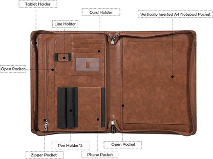 Personalized Leather Portfolio with Zipper, Professional Business Portfolio with A4/US letter Writing Pad holder for Resume, Interview, Leather Portfolio for Men and Women, Brown, Customized