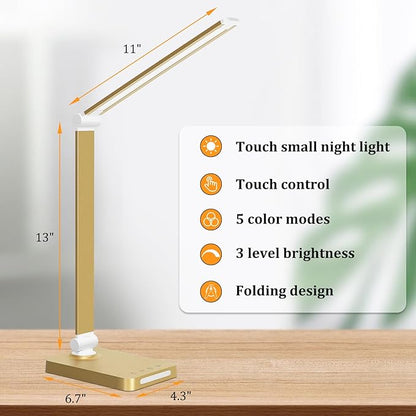 LED Desk Lamp with USB Ports,Touch Desk Lamps for Home Office with 5 Color Modes,3 Brightness Desk Light with Small Night Light,Reading Lamp Table Lamp for Bedroom Bedside Study Gold （with adapter）