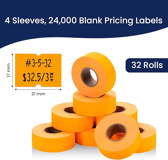 Perco 2 Line Fluorescent Orange Labels - 32 Rolls, 4 Sleeves, 24,000 Blank Price and Date Gun Labels for Perco 2 Line Price and Date Guns - Made in USA