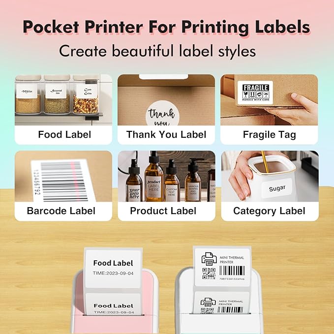 Mini Printer Sticker Printer Bluetooth for Phone Portable Thermal Print for Photo,Note,Journal,Memo,with 6 Rolls Thermal Paper（Pink）