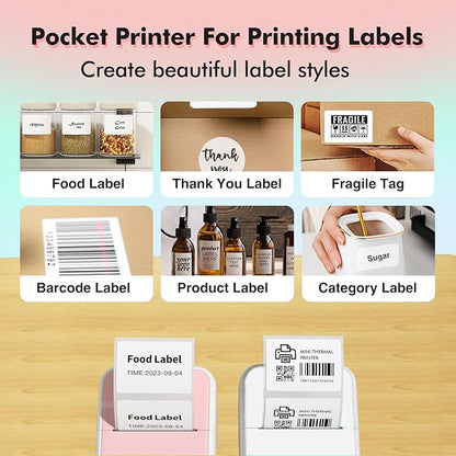 Mini Printer Sticker Printer Bluetooth for Phone Portable Thermal Print for Photo,Note,Journal,Memo,with 6 Rolls Thermal Paper（Pink）