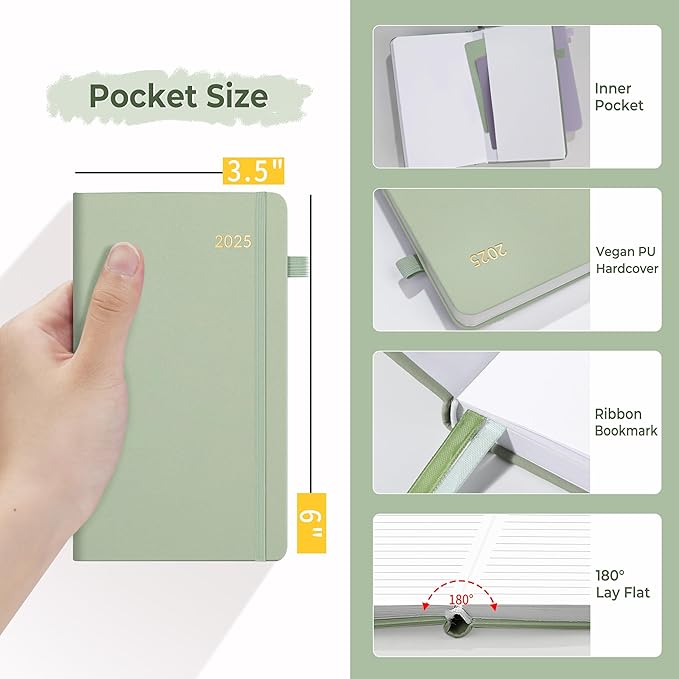 SUNEE 2025 Pocket Weekly Planner for Purse 3.5" x 6" - 12 Month (January 2025 - December 2025), Pocket Size Planner, Hardcover, Notes, Pocket, 100 GSM Paper, Sage Green
