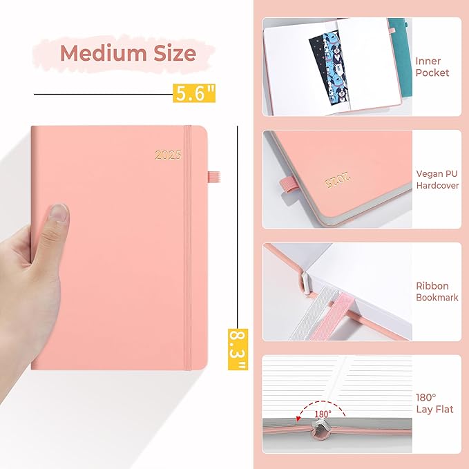 SUNEE 2025 Weekly & Monthly Hardcover Planner 5.5" x 8.3" - 12 Month (January 2025 - December 2025), Small Hardcover Planner, Pocket, Notes, 100 GSM Paper, Peach Pink