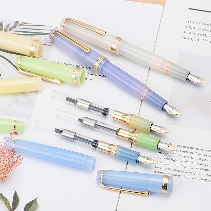 Jinhao 82 Acrylic Fountain Pen, Iridium Bent Nib with Ink Converter, Transparent Light Blue Classic Design Smooth Writing Pen (Gold Trim)