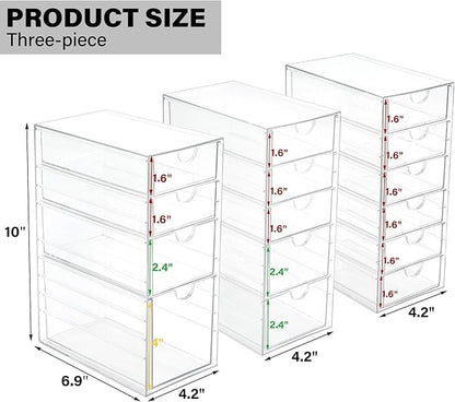 Prsildan Acrylic Drawer Organizer with 15 Drawers, Makeup Craft Office Desk Organizers Accessories, Set of 3 Clear Stackable Storage Drawers for Vanity, Countertop, Jewelry, Art Supply Organization