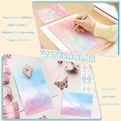 TaoBary 160 Packs Stationery Paper Set (50 Double Sided Stationery Writing Papers 50 Matching Envelopes) 60 Round Dot Sticker, 10 Design(Watercolor,5.5 x 8.25 Inch)